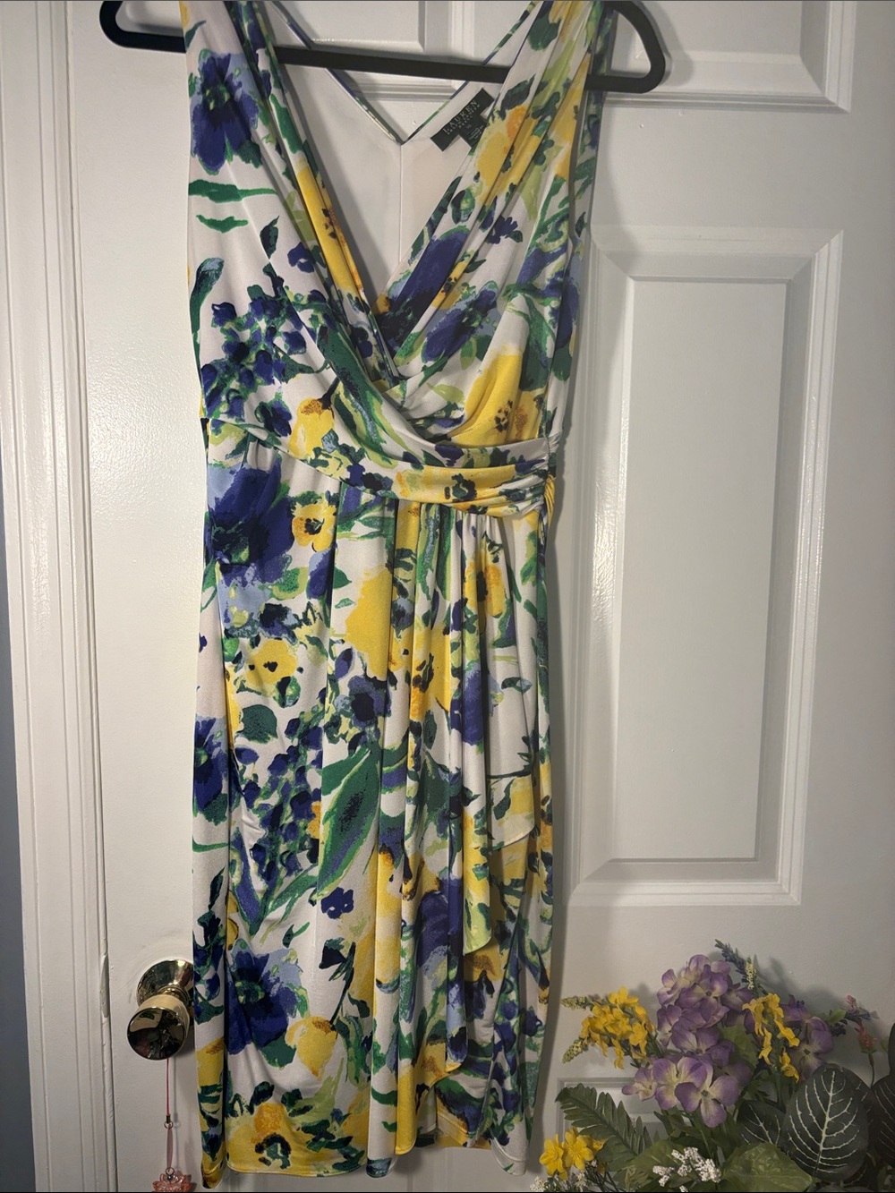 Floral V-Neck Sleeveless Dress - White with Yellow & Blue